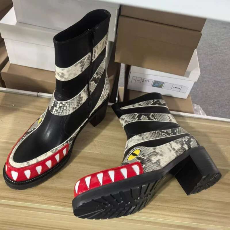 New brand Single Platform Thick Heel Shoes Teeth Print Ankle Men Street Round Casual Shoe Runway Catwalk Boots