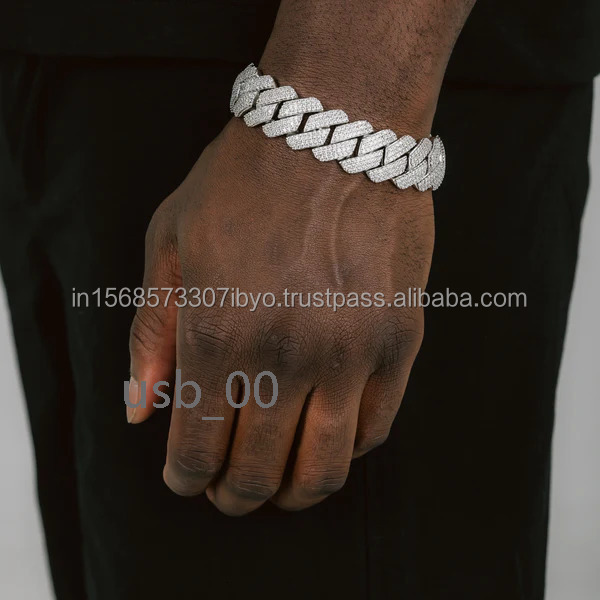 14mm High Quality Customize Sterling Silver Vvs Moissanite Round and Baguette Diamond Iced Out Hip Hop Bling Cuban Link Bracelet