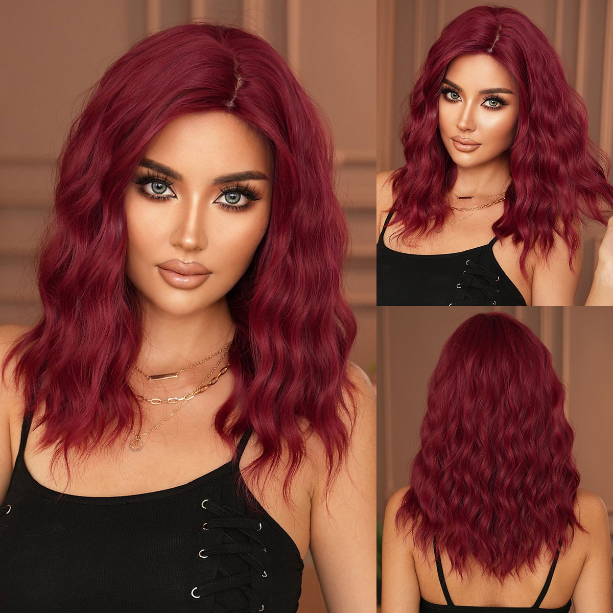 brown Natural wig for women shoulder length curly hair with side parted bangs dyed gold synthetic heat-resistant fiber wig