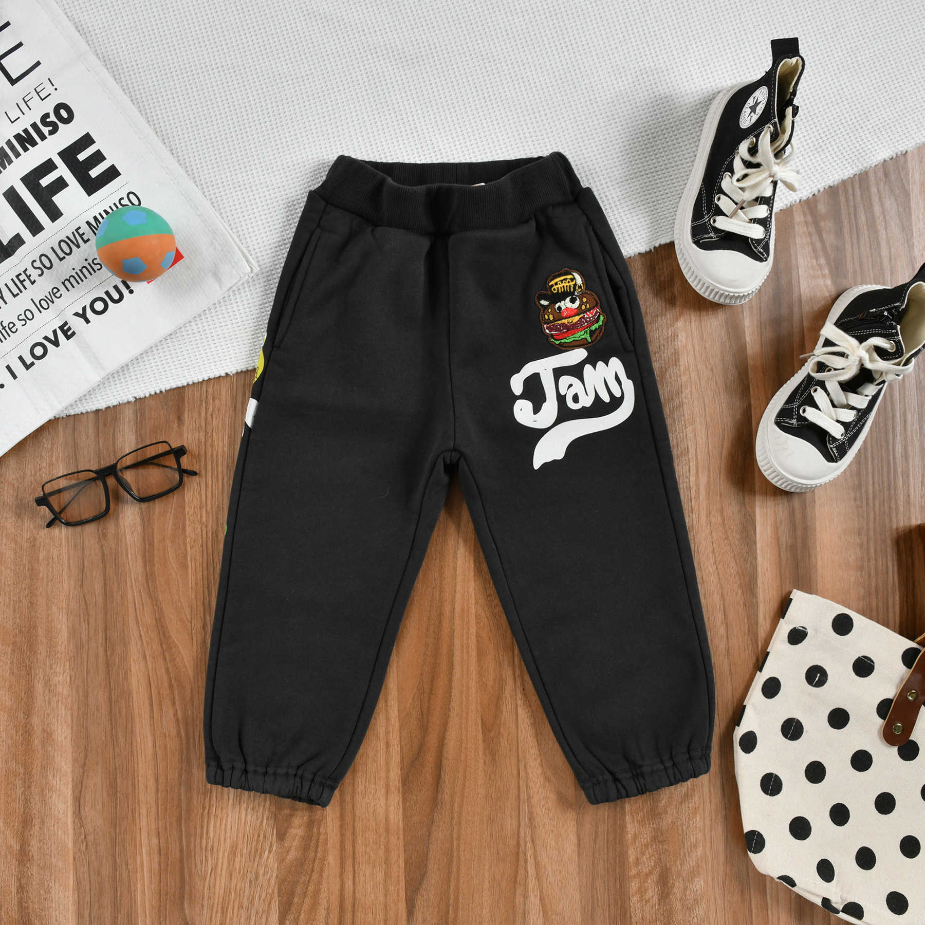 Jam Autumn and Winter Childrens Clothing with Plush Pants for Boys and Girls Trendy Embroidery Printing Washing and Plush Casual Ankle Pants Y250430L0