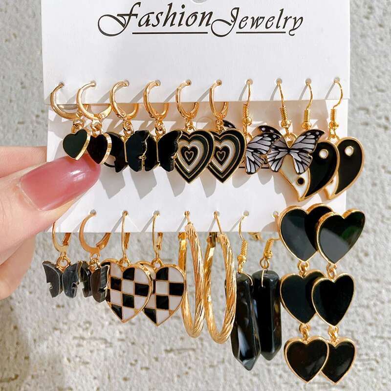Black Butterfly Heart Gold Color Dangle Set For Women Vintage Acrylic Pearl Hoop Earrings 2022 Trendy Jewelry Gifts
