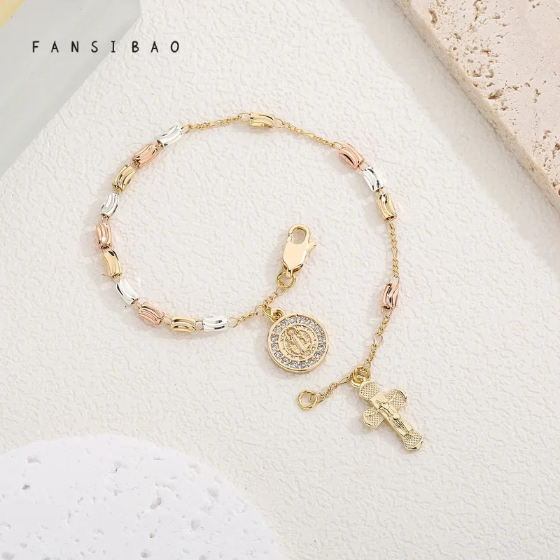 FanSibao Retro Style Virgin Mary Tricolor Prayer Bead Bracelet with Cross Element Womens Fashion Wrist Accessory 250428