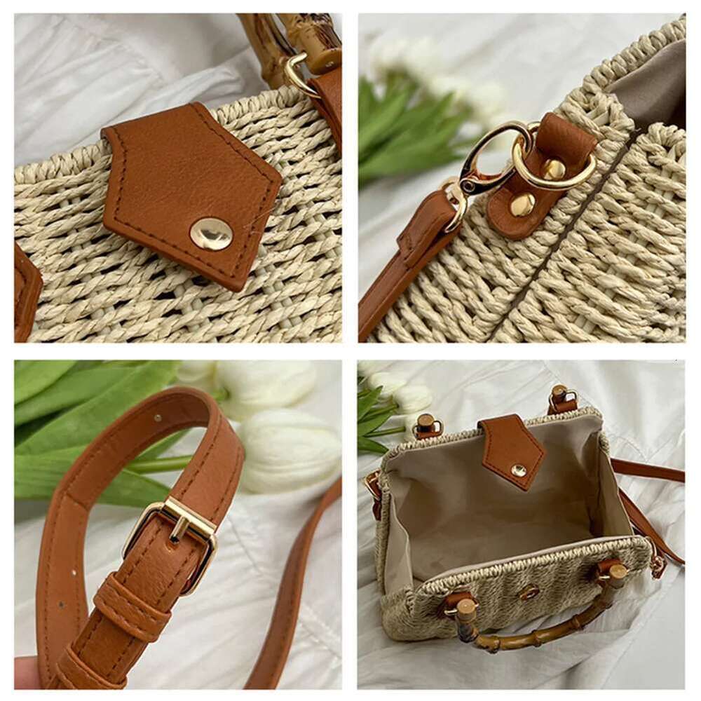 Summer Straw Basket For Women 2023 Bamboo Handle Rattan Handbags Beach Shoulder Crossbody Bag Travel Woven Bags Bohemia