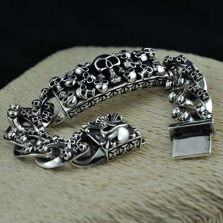925 Sterling Silver Skull Bracelet for Men Thai Silver Punk Hip Hop Personality Bracelets