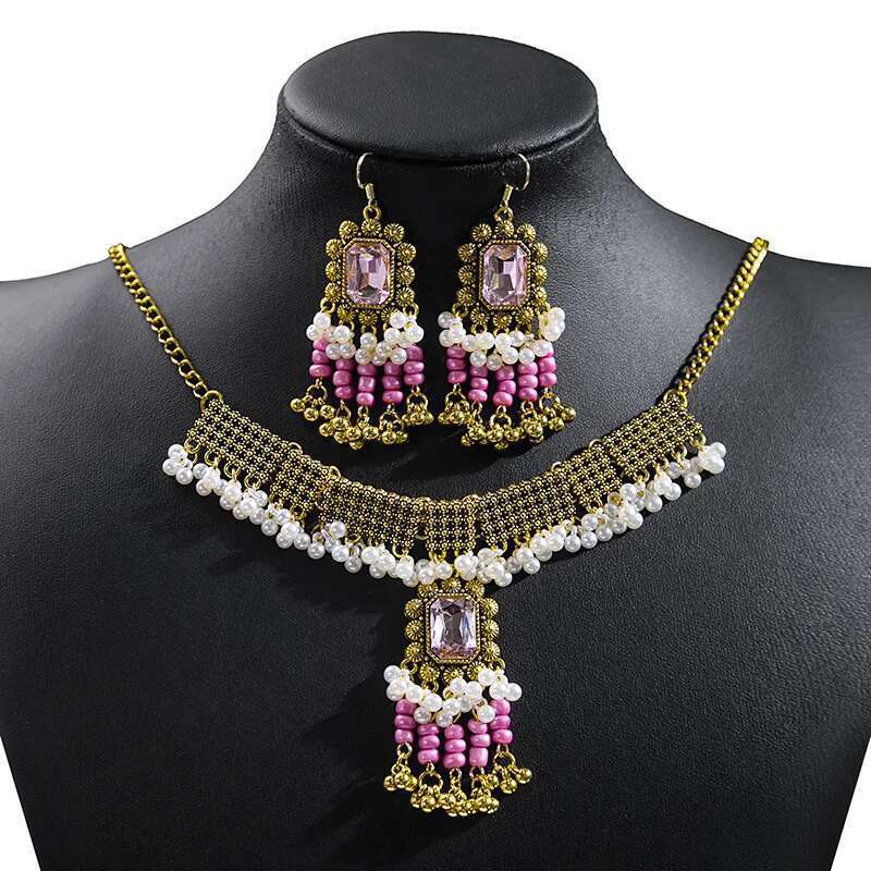 Bohemia Ethnic Pendant Necklace Earrings Set For Women Indian Bollywood Golden Square Zircon Beaded Tassel Jewelry Sets