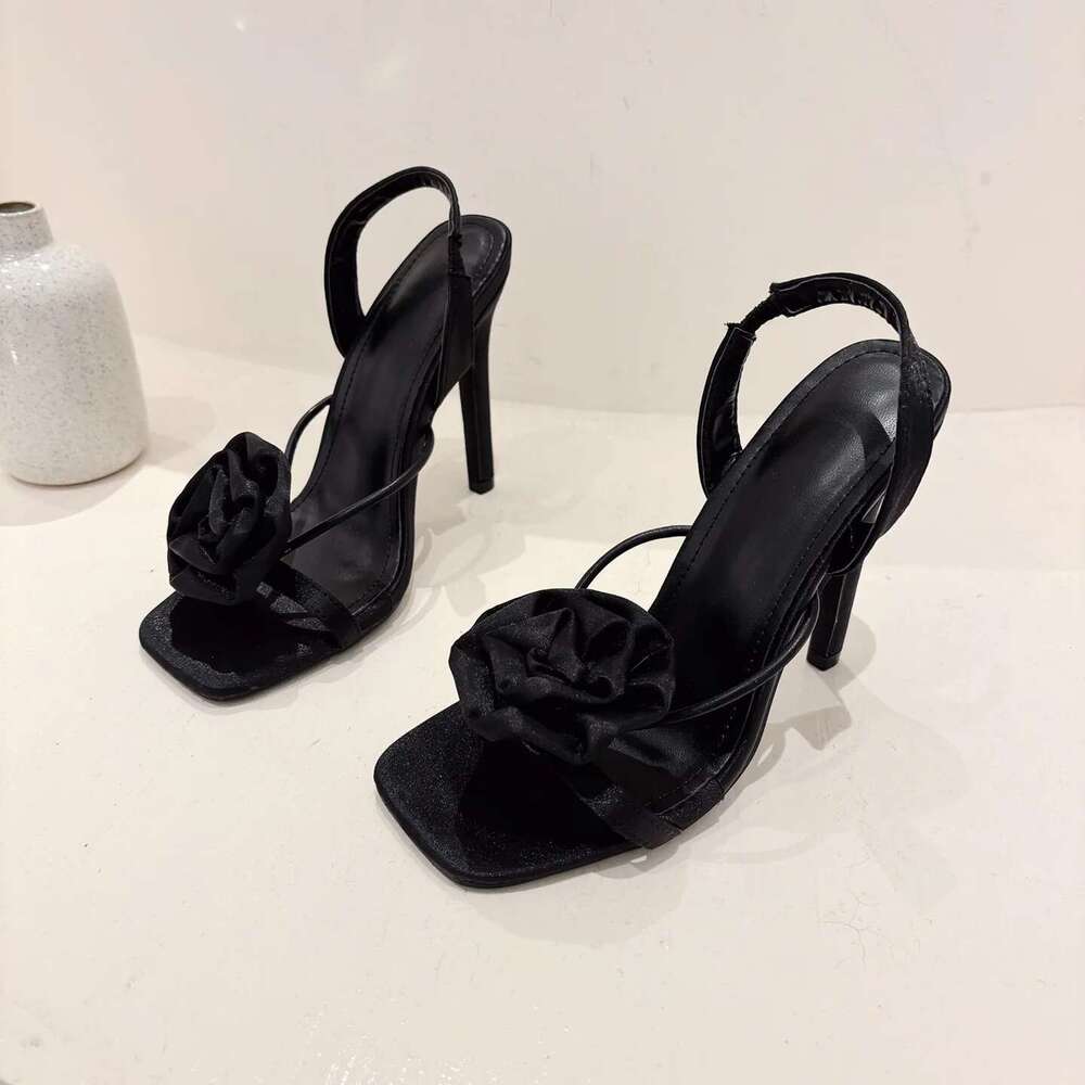 Quality Brands Sandals Fashion Open High Heel Flowers Decorate Single Square Toe Thin Strap Women's Shoes