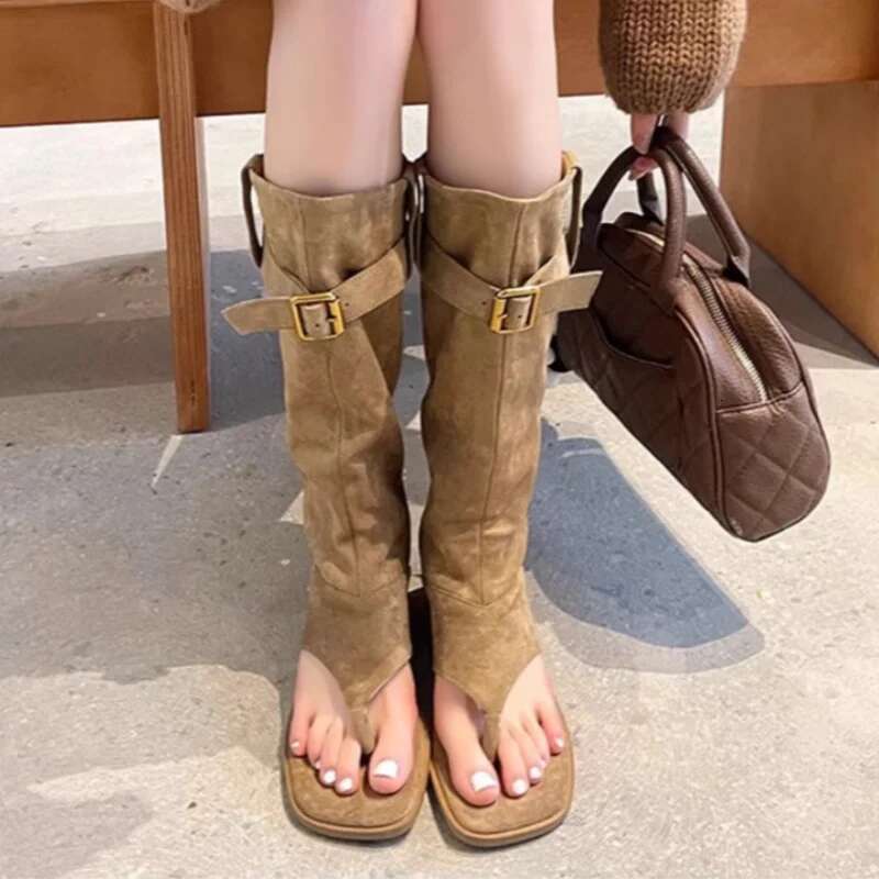 New Designer Clip Square Toe Flats Shoes Women Fashion Open Ankle Boots Casual Comfort Sleeve Boot Wome