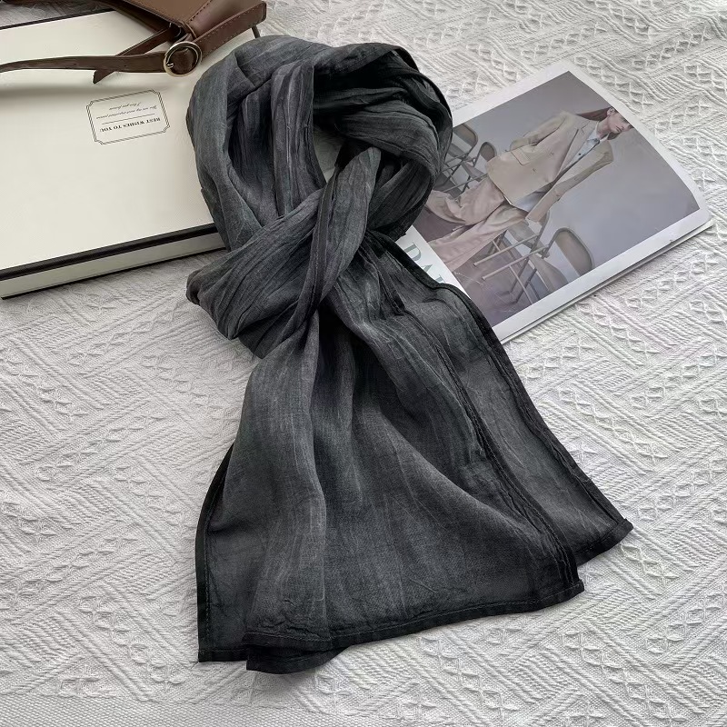 T608 Korean temperament Chunda cotton and linen feel scarf accessories 2025 spring and autumn new retro natural wrinkled hem silk scarf female