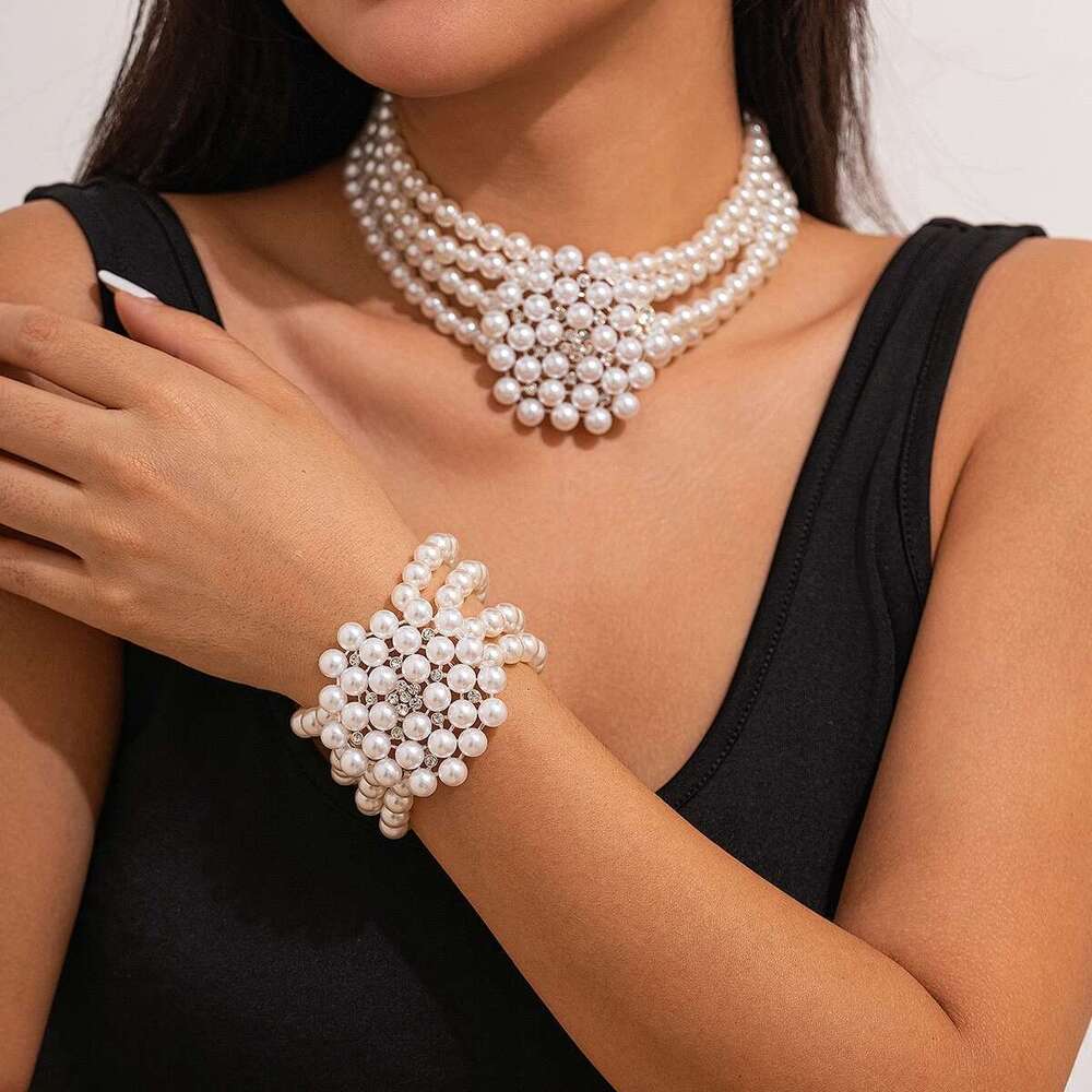 Ingemark 2Pcs Elegant Multilayer Imitation Pearl Chain Necklace Bracelet Women Wed Bridal Flower Choker Aesthetic Jewelry Set