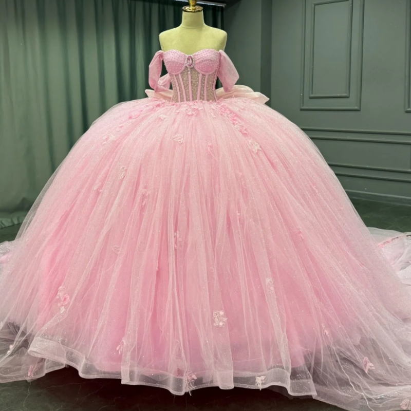 Pink Princess Quinceanera Dresses Off Shoulder Applique Beading Crystal Bow Tull Sweet 16 Dress Ball Gown Vestidos 15 Anos
