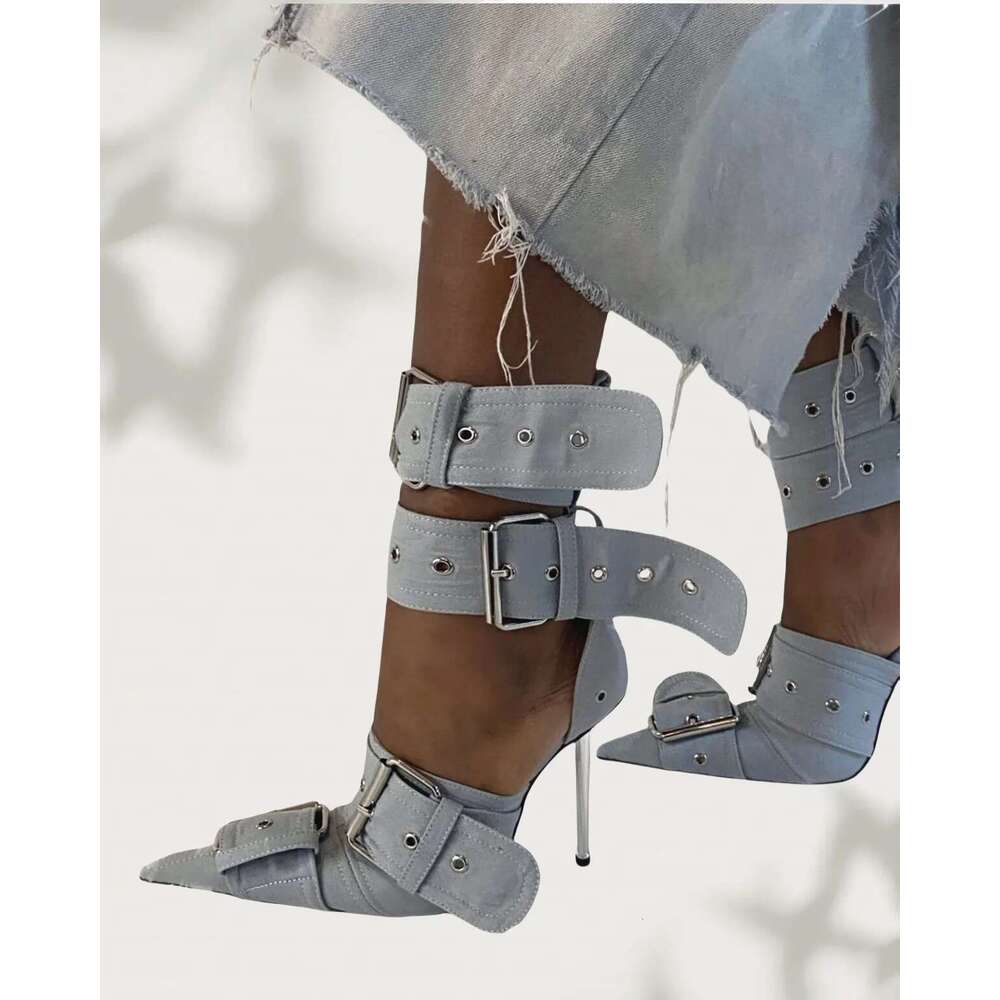 Fashion Pointed High Heels Rivet Buckle Strap Sandals Metal Cutout Boots Sexy Punk Brand Designer Women Shoes