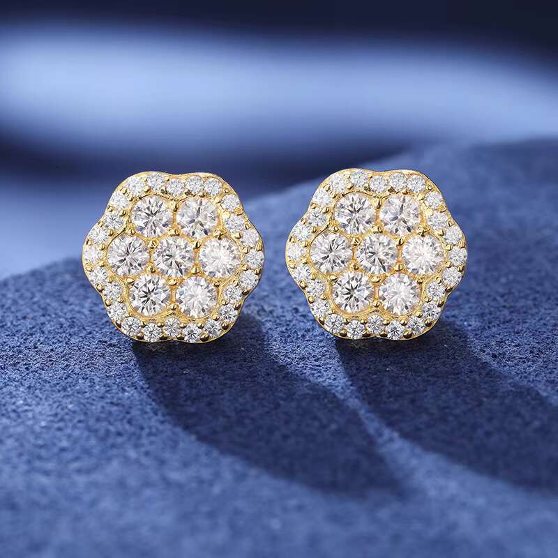 Luxury Birthday Gift VVS Moissanite White Gold 925 Sterling Silver Lotus Flower Stud Earrings for Mens Women