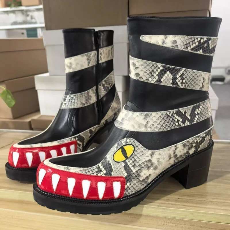 New brand Single Platform Thick Heel Shoes Teeth Print Ankle Men Street Round Casual Shoe Runway Catwalk Boots