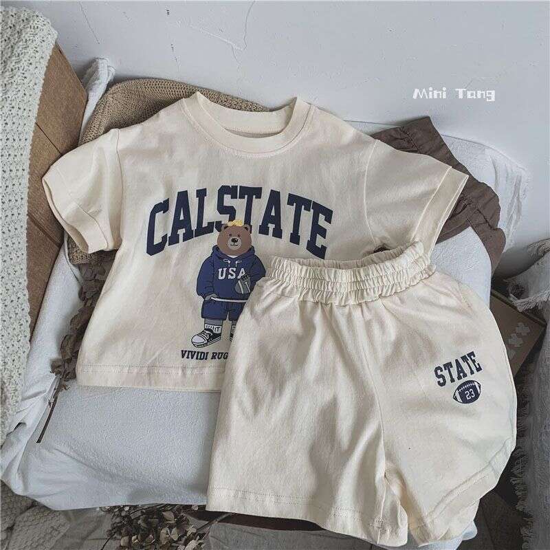 Korean New Children's Cartoon Cute Letter Short Sleeved T-Shirt Shorts Boys And Girls Two Piece Set For Thin Summer