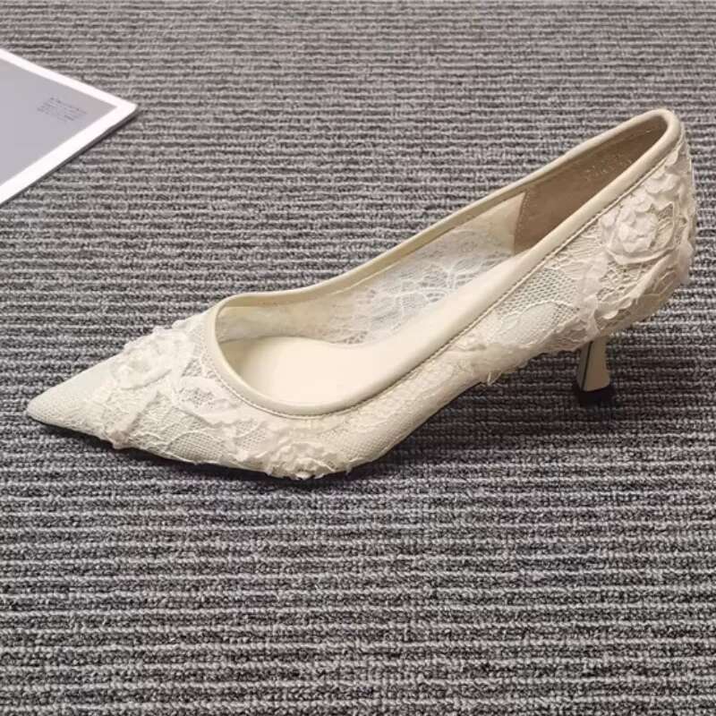 Fashionable Women Stilettos Lace Breathable High Heels Sexy Pointed Mesh Shallow Sandals Elegant Wedding Shoes Slip on Sho