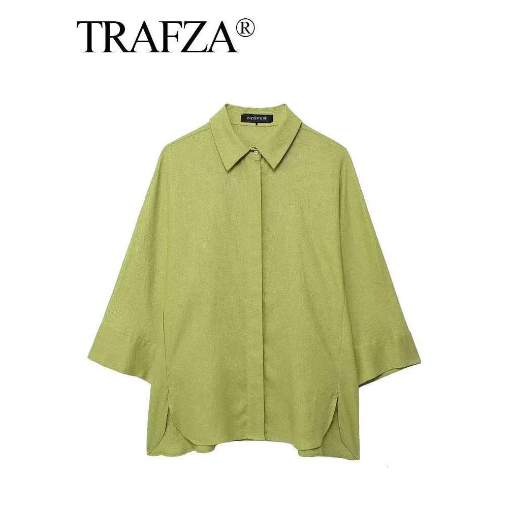 TRAFZA Women Fashion Solid Blouse Single Breasted Long Sleeve Lapel Shirts Casual Loose Female Commuting Chic Top