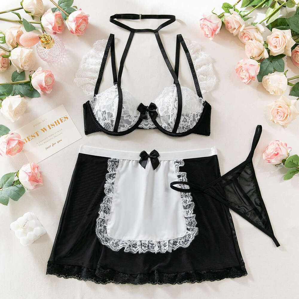 Sexy Underwear Sexy Perspective Lingerie Bow Tie Neck Hanging Lace Contrasting Color Bra Set Role Playing Maid Outfit