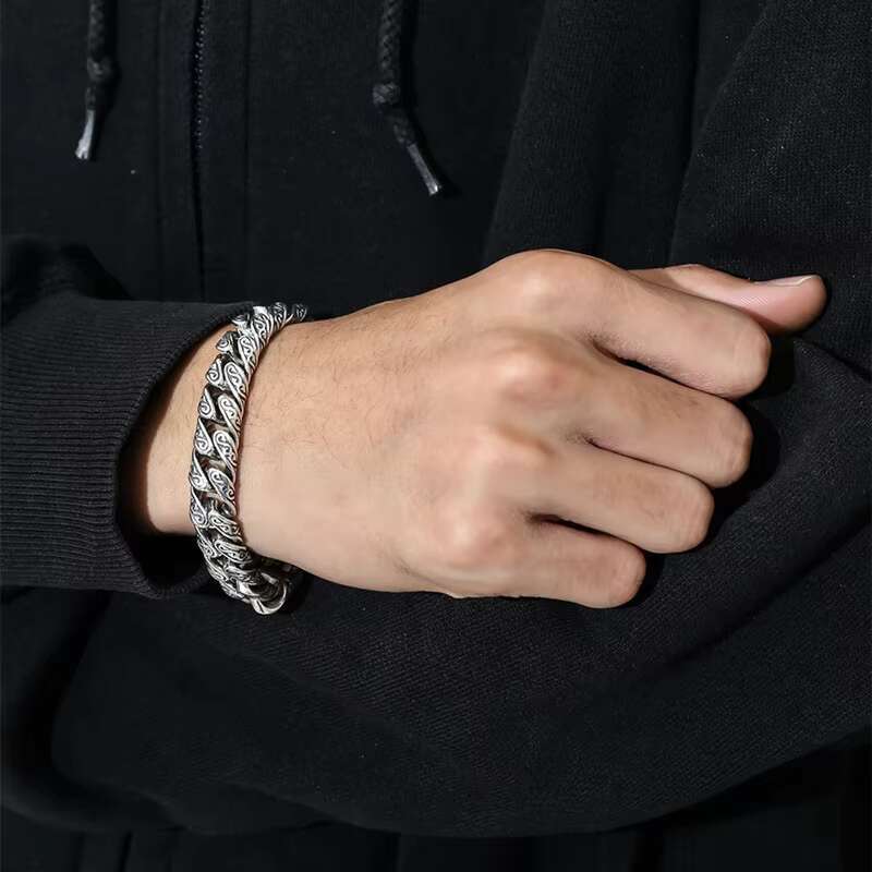 925 Silver Personality Tang Grass Bracelet Mens Silver Coarse Boys Hip Hop Street Fashion Ethnic Style Sterling Silver Bracelet
