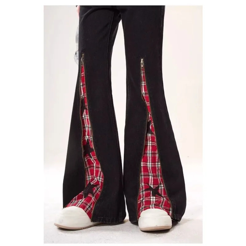 American retro patch red checkered zipper womens jeans Y2k autumn high waisted ultra-thin straight leg micro flash pants 250423