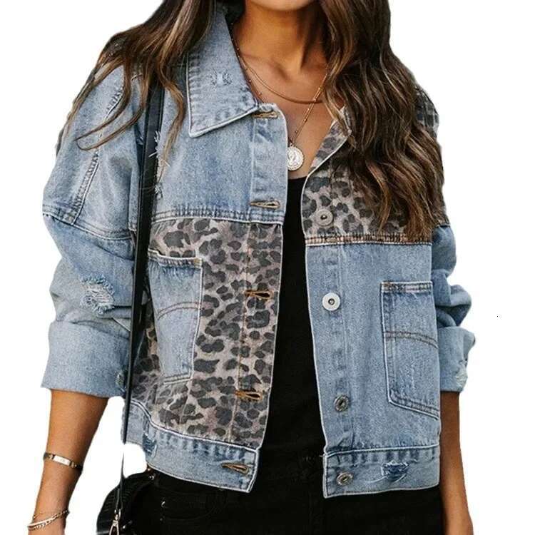 Cross-Border Jacket Long Sleeve Standalone European and American Style Denim Coat Women's Leopard Printed