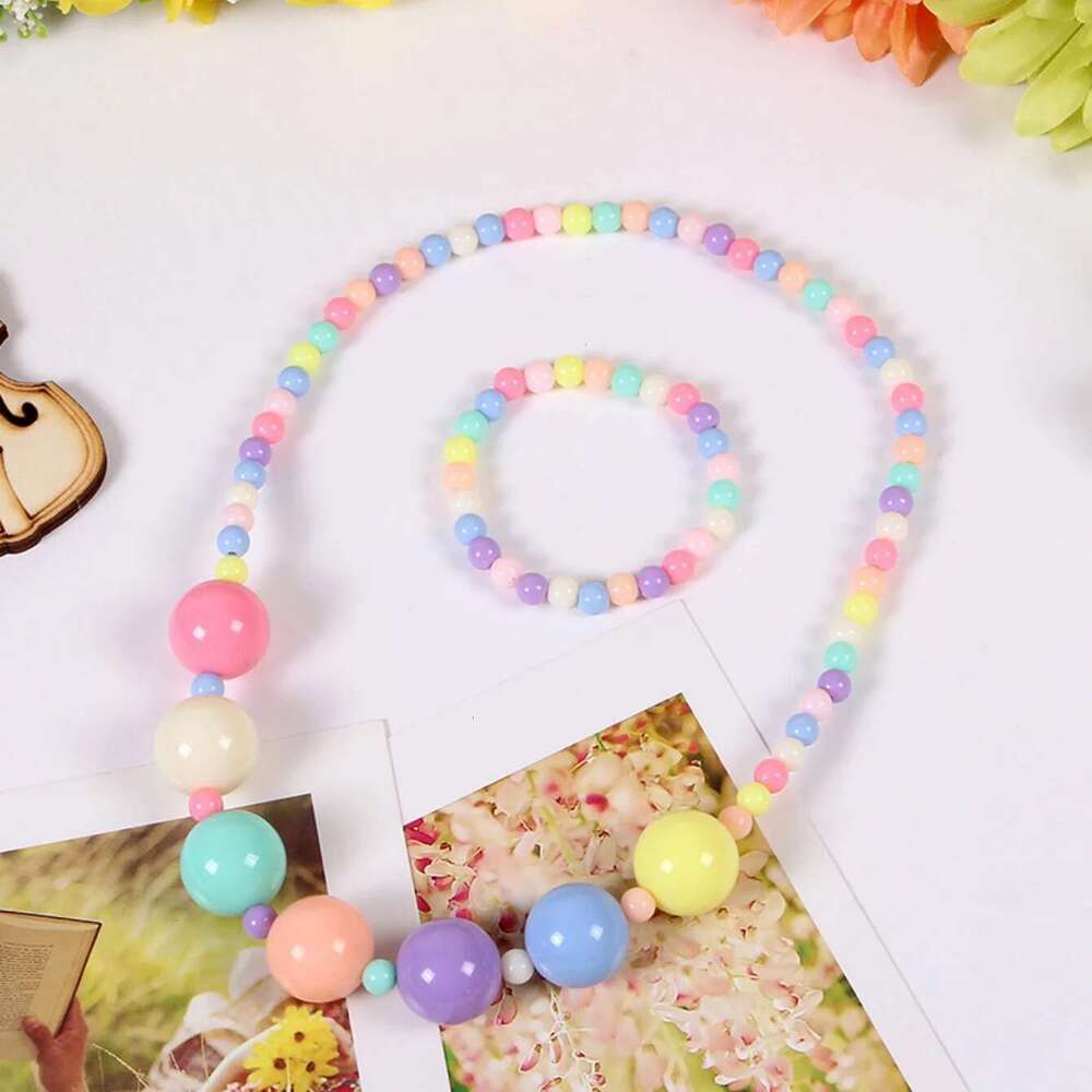 Candy Color Beads Jewelry Flower Bow Strawberry Necklace Bracelet 2Pc/Set Children Party Girl Birthday Gift