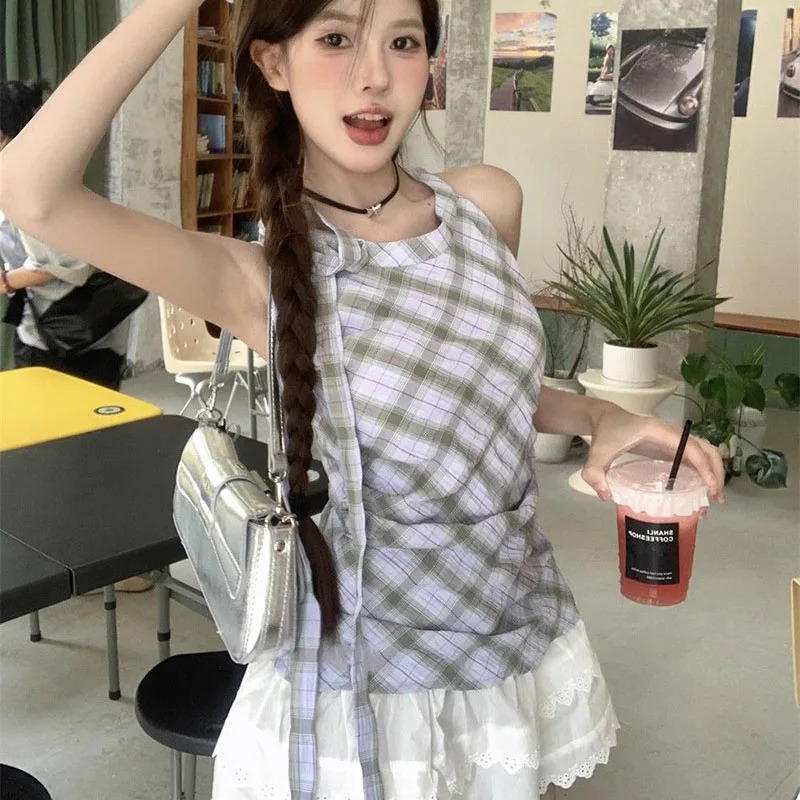 Fashion Two piece Long Vest Womens Sweet and Cute Ruffle Patch Work Top Womens Retro Plain Strapless Vest Summer 250427