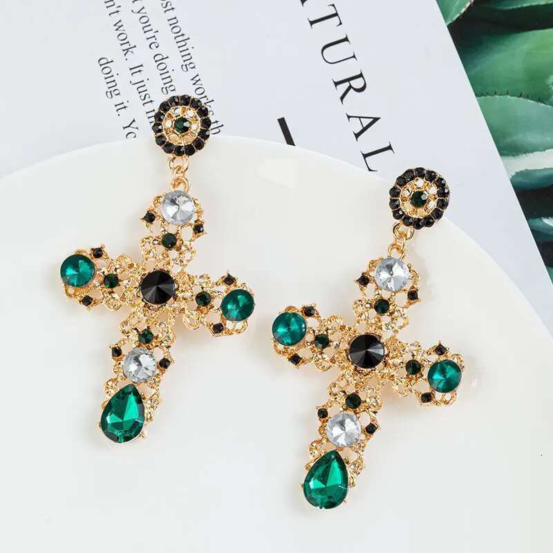 New Arrival Vintage Black Pink Crystal Cross Drop For Women Baroque Bohemian Large Long Earrings Jewelry Brincos 2023