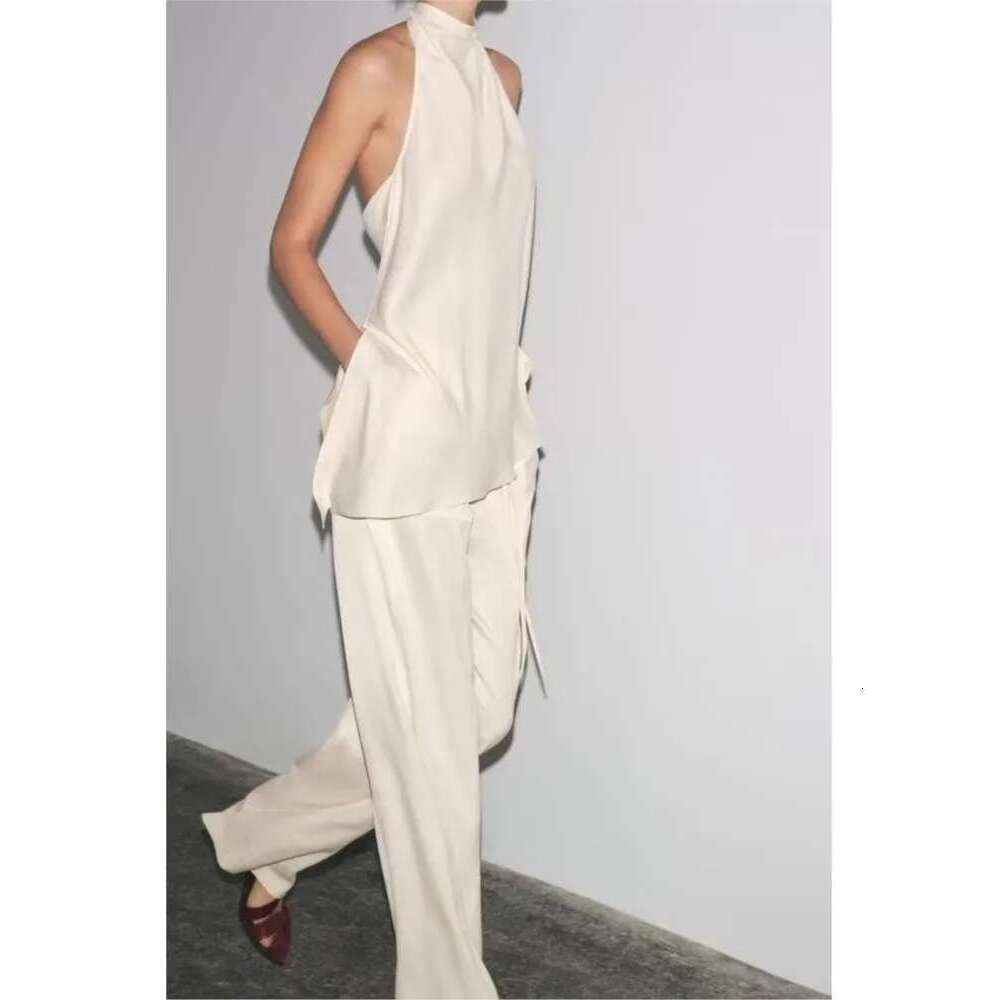 TRAF Wide Leg 2-Piece Sexy Open Back Asymmetric Top Pulling Rope Pants With Elastic Waist Women's Set