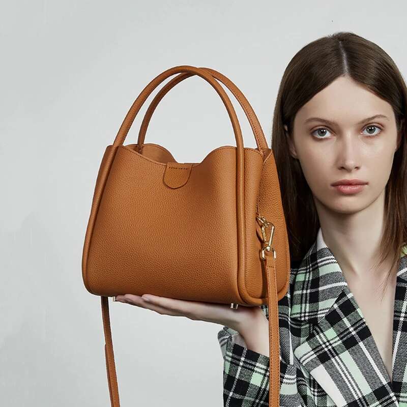 Hifashion Cowhide Genuine Leather Bucket Shoulder Bags For Women Designer Crossbody Purses Work Tote Ladies Handbags Bag