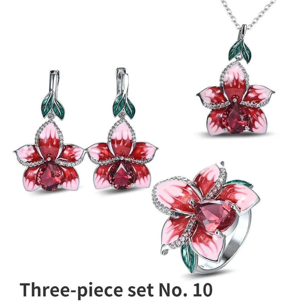 BAOSHINA Red Series Trendy Rose Flower Zircon Earrings Necklace Ring Set For Women Wedding Jewelry
