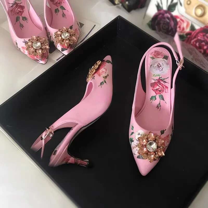 Fashion Slingback High Heels Hollow Pointed Rose Women Sparkling Crystal Sandals Wedding Dress Shoes