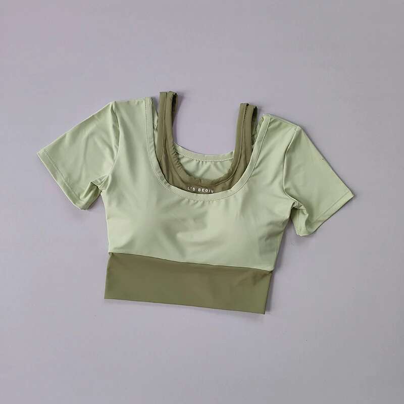 Fake Two-Piece Sports Sleeved Women's Summer Breathable Fiess Top With Bra, Fast Drying Tight Short Dance Yoga Clothes