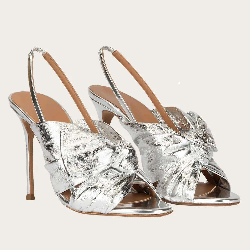 New Sexy Sier Gold Women Stiletto Mules Butterfly Knot Slip On Female Thin High Heel Party Summer Slippers Shoes
