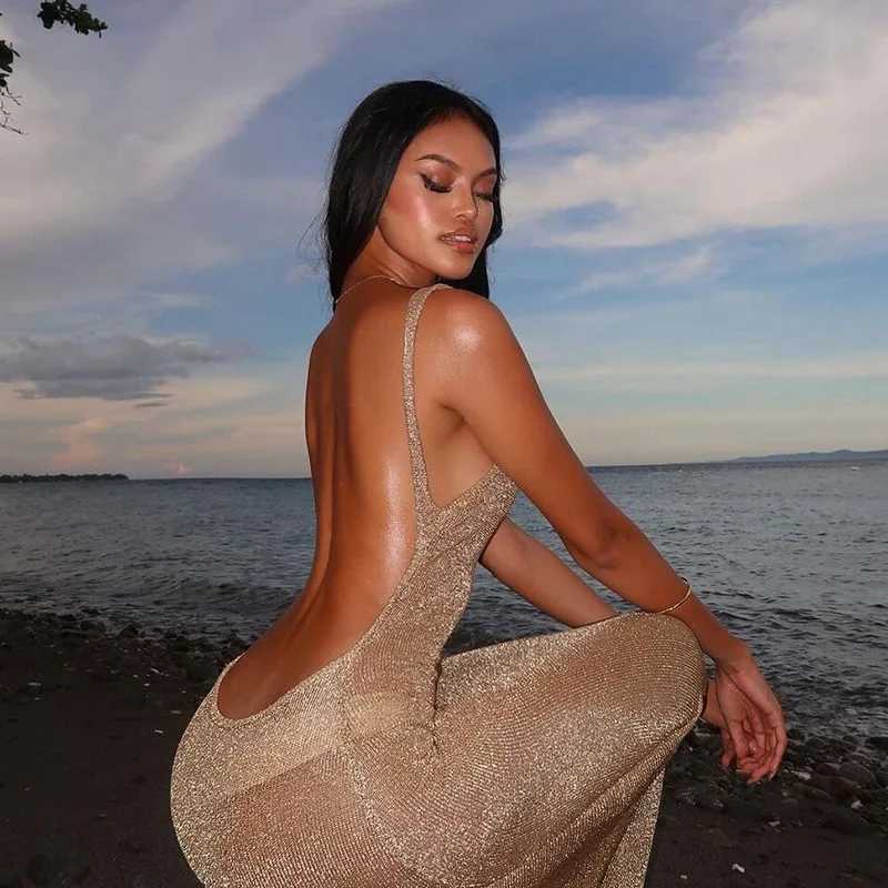 2025 Shiny Long Womens Amazing Summer Thin Mesh Transparent Sleeveless Womens Elegant Fashion Sexy Party Dress W250430