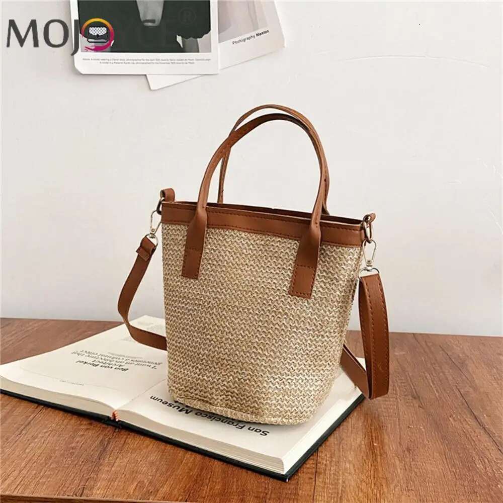 Women Fashion Bucket Straw Shoulder Bag PU Woven Totes Crossbody Handbags