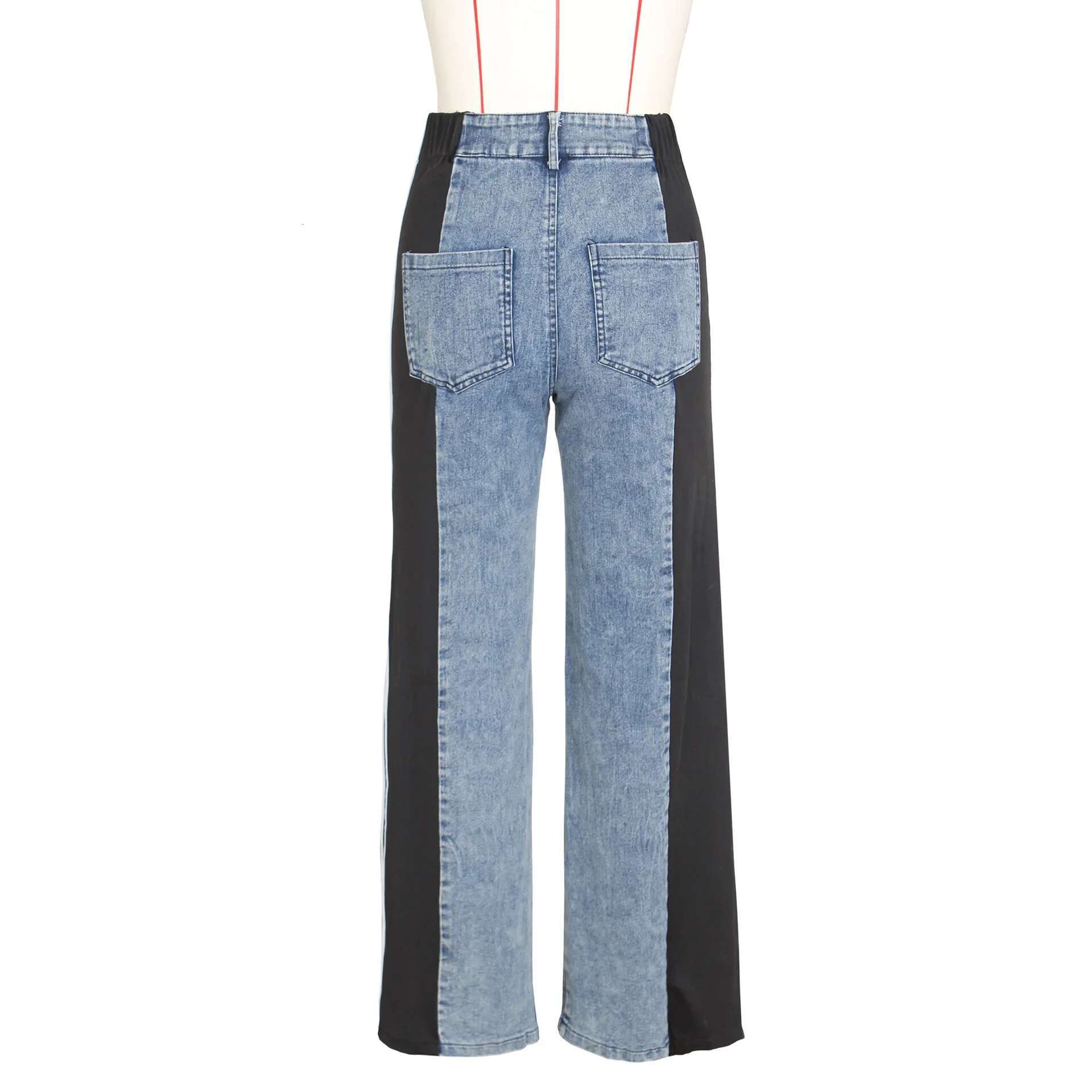 Sideseam Striped Wide Leg Jeans Women High Waist Stretch Denim Pants Patchwork Colorblock Straight Trouser