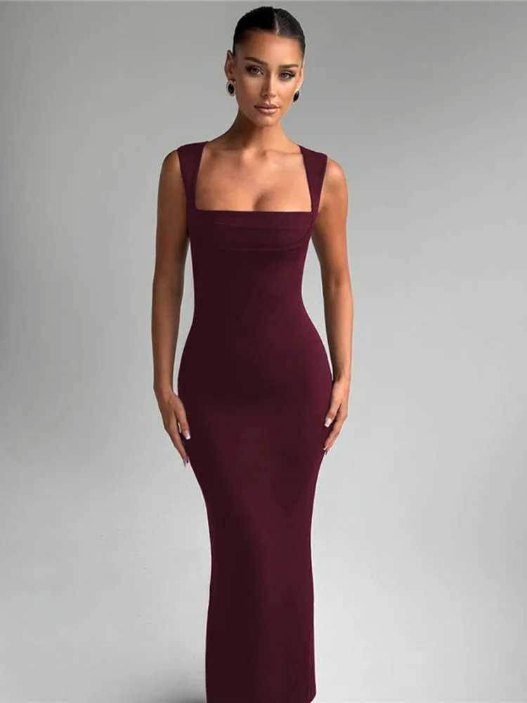 Mozision Square collarless sexy womens long dress fashionable spring and summer new high waisted Bodycon club party long dress W250430