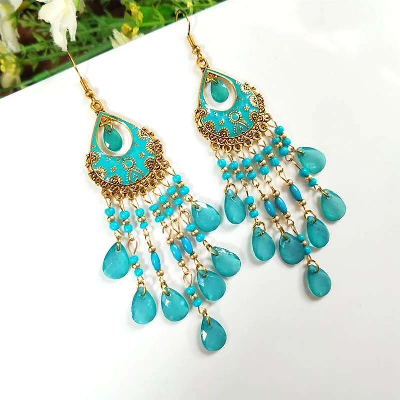 Bohemian Long Acrylic Waterdrop Tassel For Women Ethnic Multicolor Bead Drop Oil Handmade Dangle Earrings Boho Jewelry