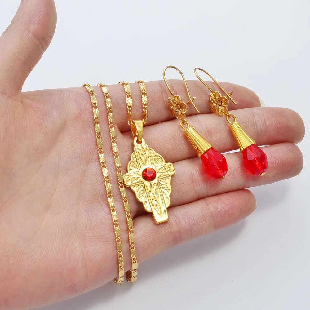 Anniyo Hawaiian Bead Ball Jewelry Sets Cross Pendant Necklaces Colored Crystal Earrings Guam Micronesia Chuuk Pohnpei #253006