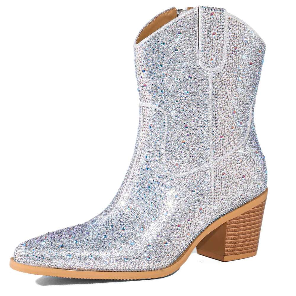 Spring Autumn Fashion Rhinestone Chunky Heel Pointed Toe Comfortable Shoes Women Ankle Boots Shiny