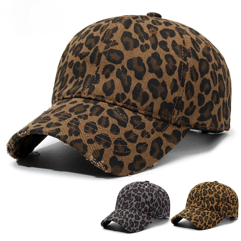Personalized hole breaking leopard print baseball cap washed cotton shield duckbill cap seasonal casual cap hat 250430