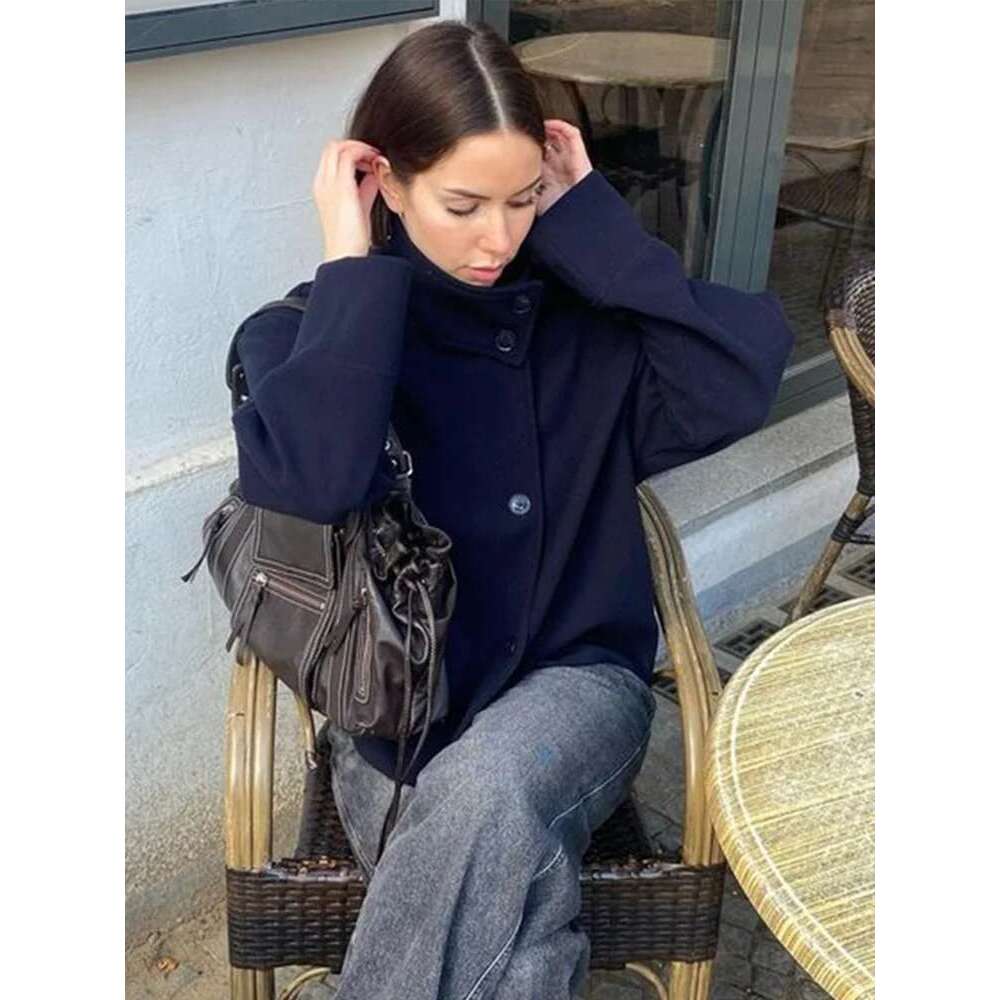 Solid Women Turtleneck Coat Elegant Full Sleeves Female Jacket 2025 New Fashion Spring Autumn Single Breasted Loose Lady Outwear