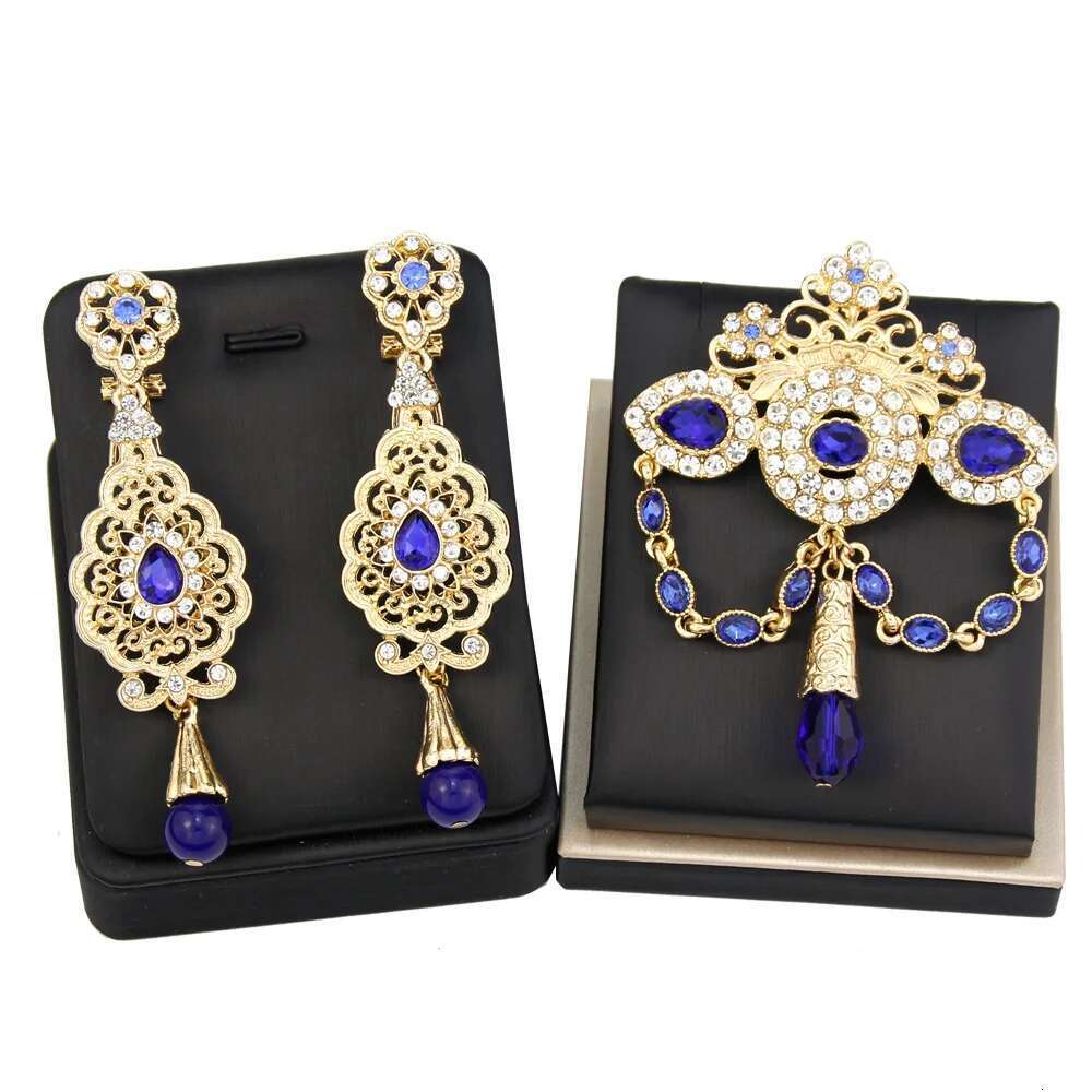 Neovisson Fashion Style Moroccan Brooch Earring Set For Delicate Women Gold Color Pink Blue Crystal Arabi Shining Bridal Gift