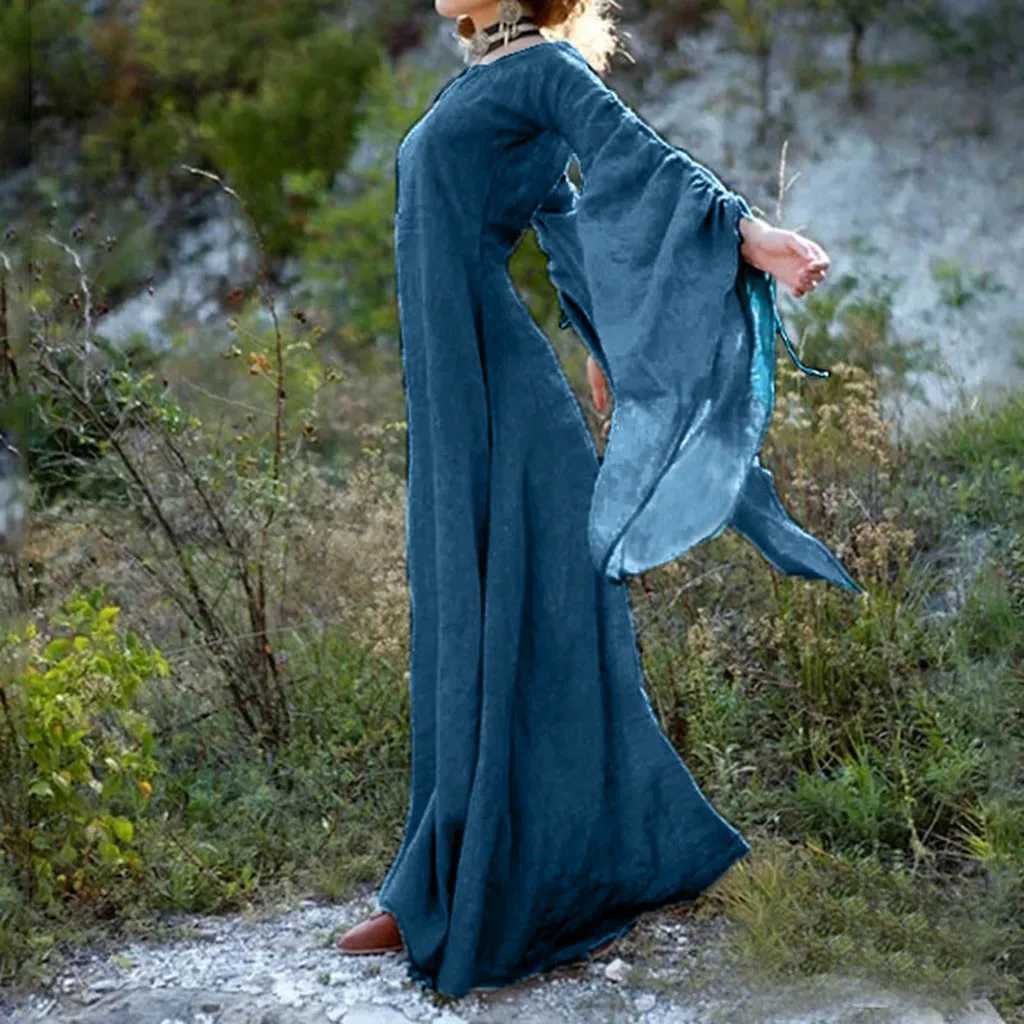Retro long sleeved long skirt retro Gothic Victorian style medieval solid color cotton linen Halloween costume W250430