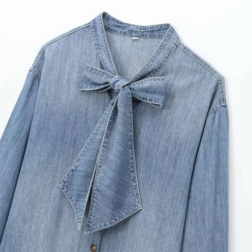 INS Fashion Blue Color Stand Collar Bow Design Single Breasted Long Sleeves Women Sweet Solid Loose Denim Shirt ZATT New