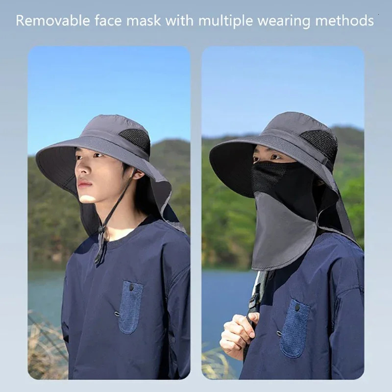 Summer Sun Hats UV Protection Outdoor Hunting Fishing Cap For Men Women Hiking Camping Visor Bucket Hat Neck Flap Fisherman Hat 250430