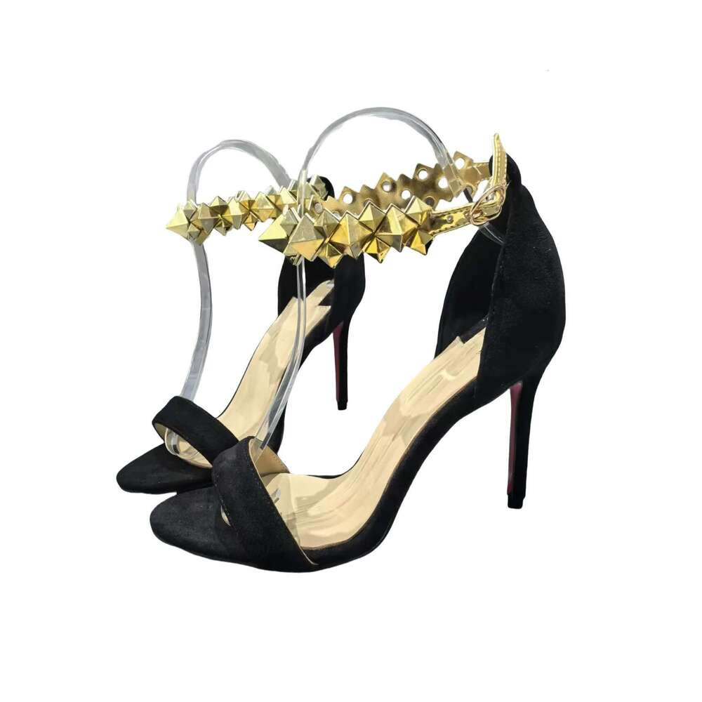 New style Luxurious Open Toe Sexy Stiletto Heels Advanced Black Gold Woman Wedding Party Rivet Decorated Women Shoes