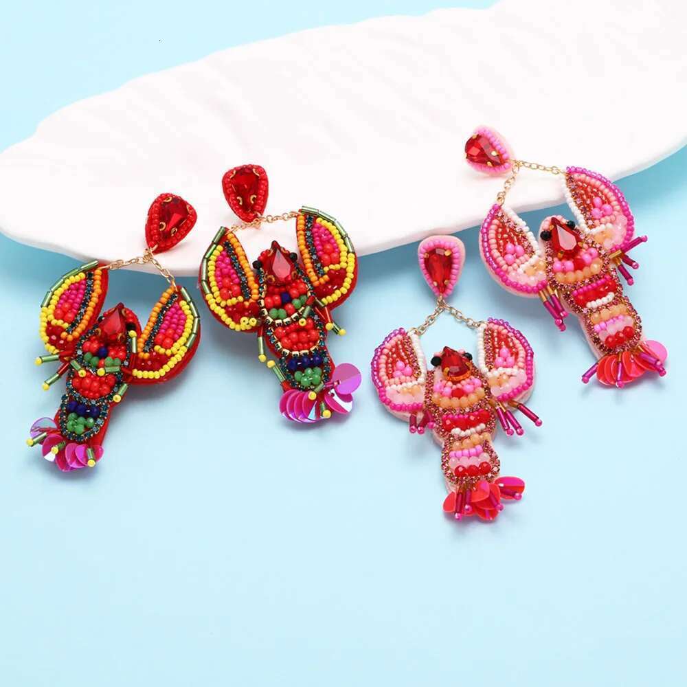FLOLA Multicolor Lobster Raffia Beads Big Drop For Women Red Crystal Handmade Beaded Earrings Bohemian Jewelry Ersv63