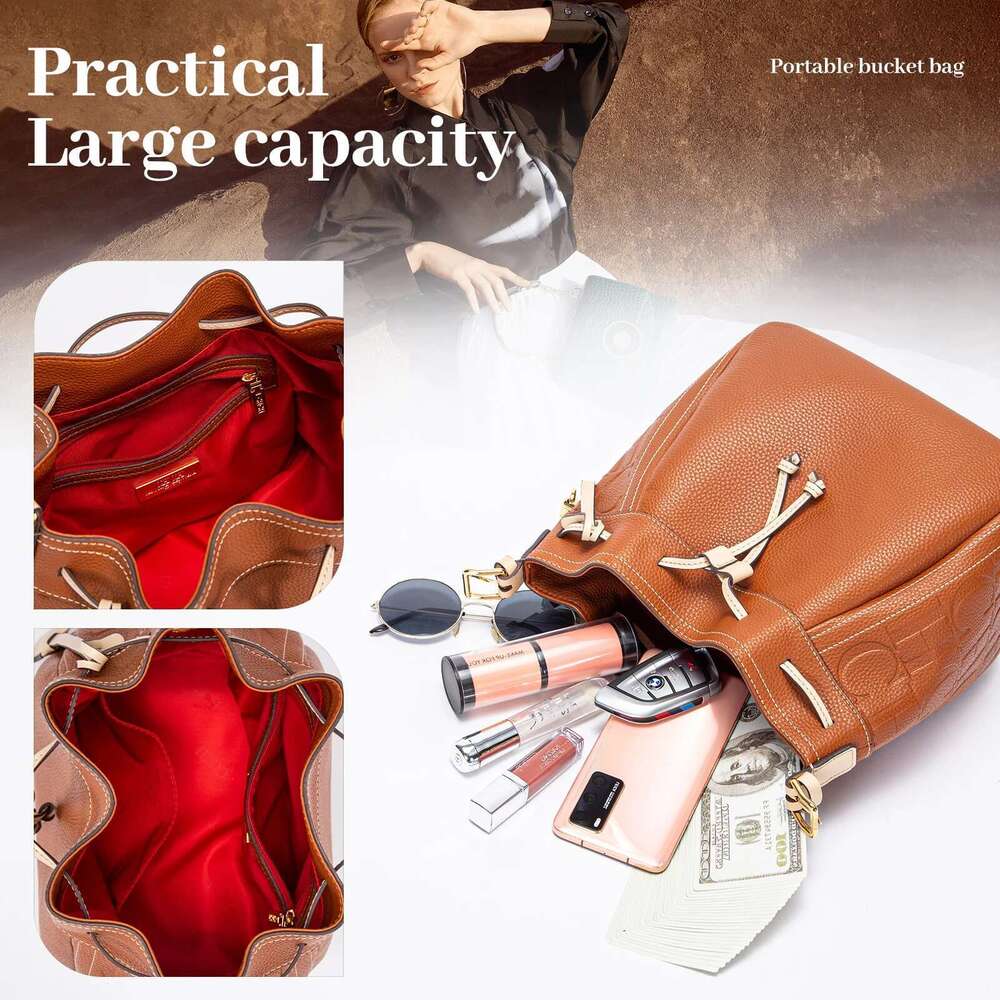 Drawstring Mouth Design Women Fashion Bucket Pure Colour Simple Crossbody Season New Party Shoulder Bag