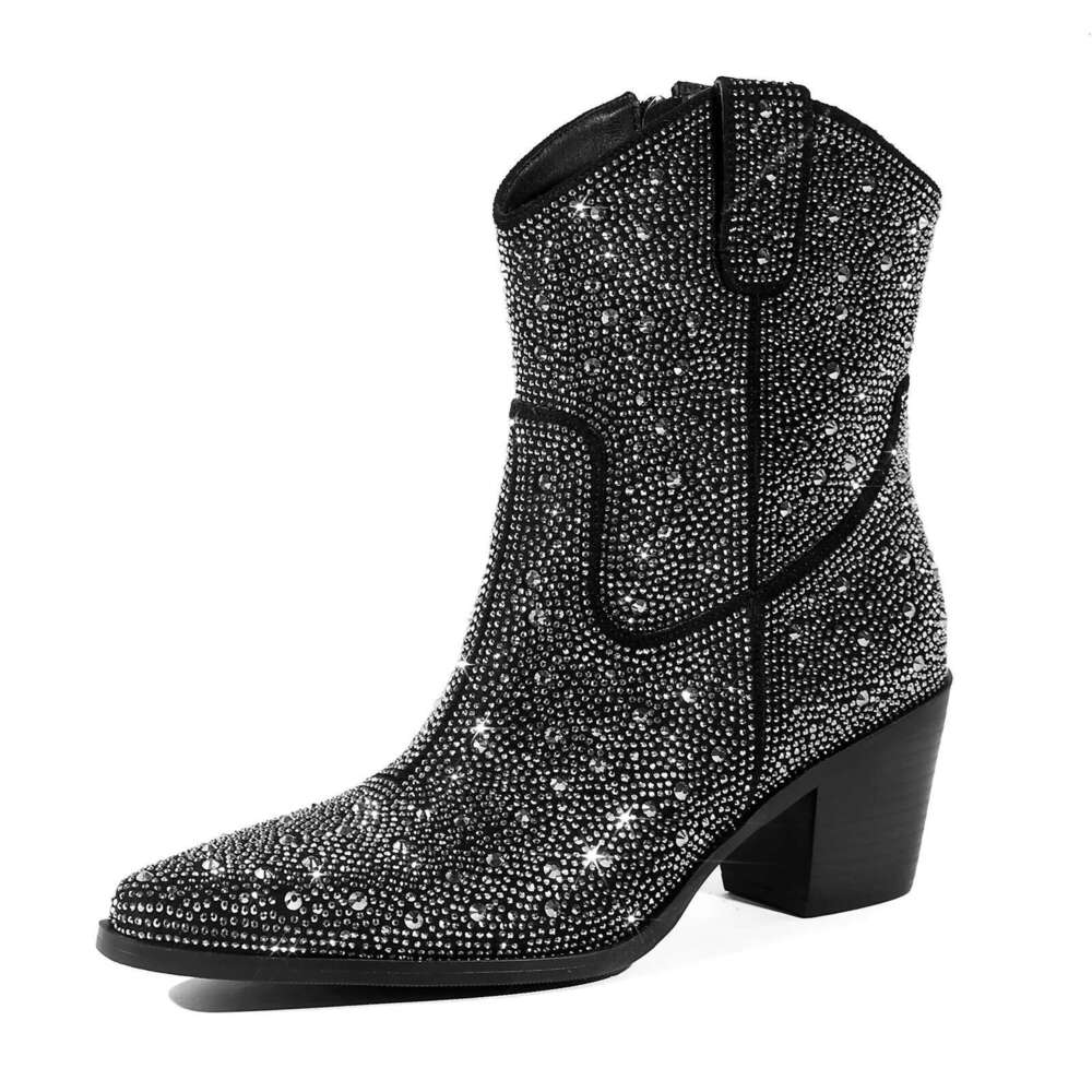 Spring Autumn Fashion Rhinestone Chunky Heel Pointed Toe Comfortable Shoes Women Ankle Boots Shiny